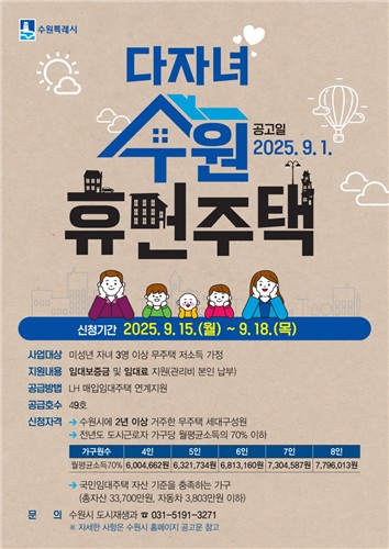 수원시, '다자녀 수원휴먼주택' 입주자 모집