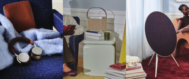 왼쪽부터 베오플레이 H100 센추리 브라운, 베오사운드 A5 센추리 위브, 베오사운드 A9 센추리 블루