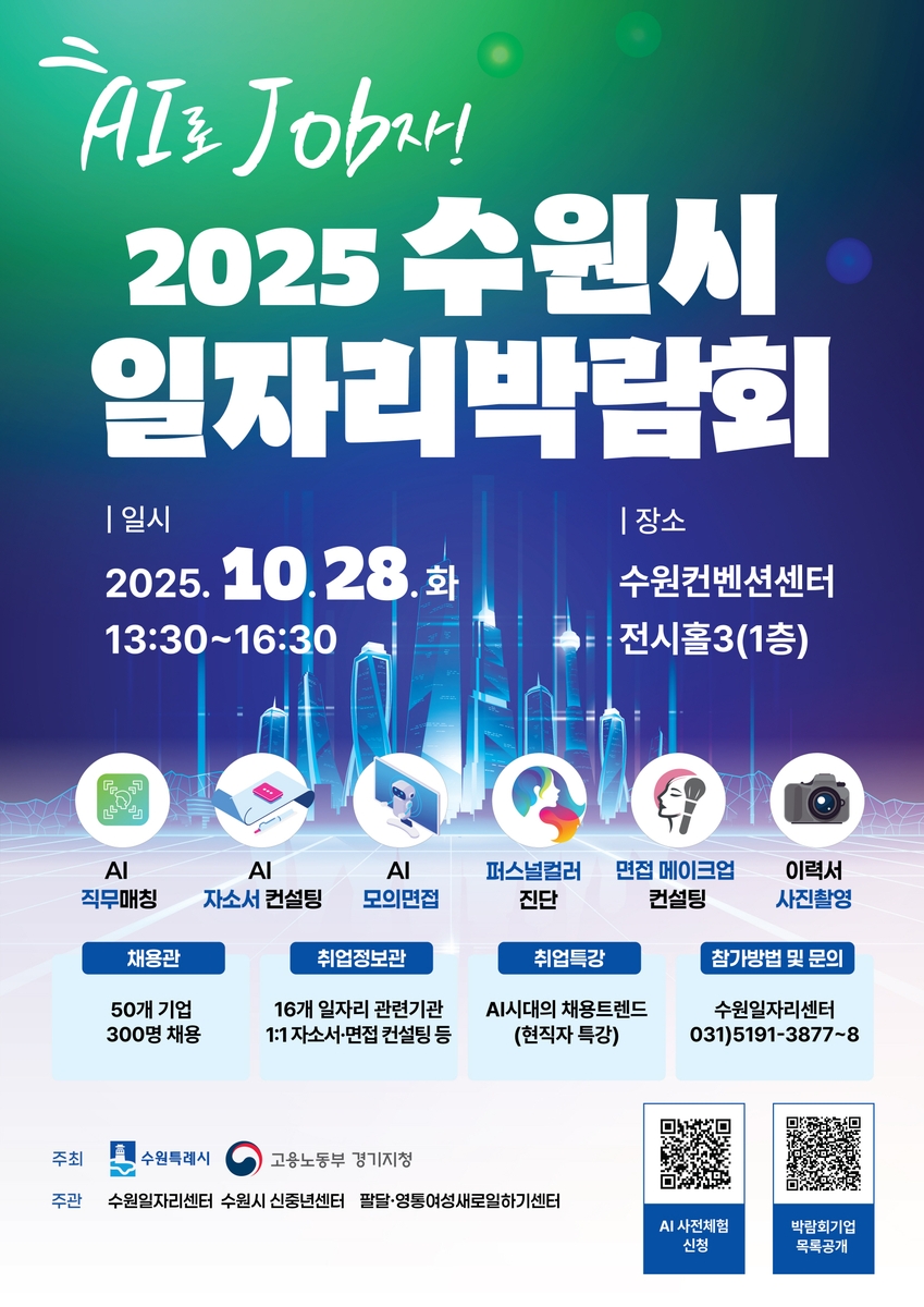 'AI로 JOB자' 2025 수원시 일자리박람회 개최…50개 기업 참가해 300명 채용한다